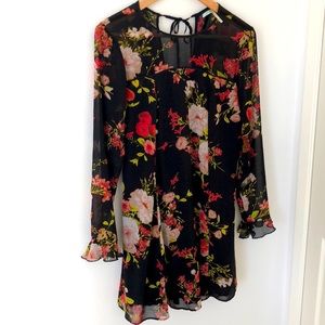 Dark Floral Sheer Sleeved Dress